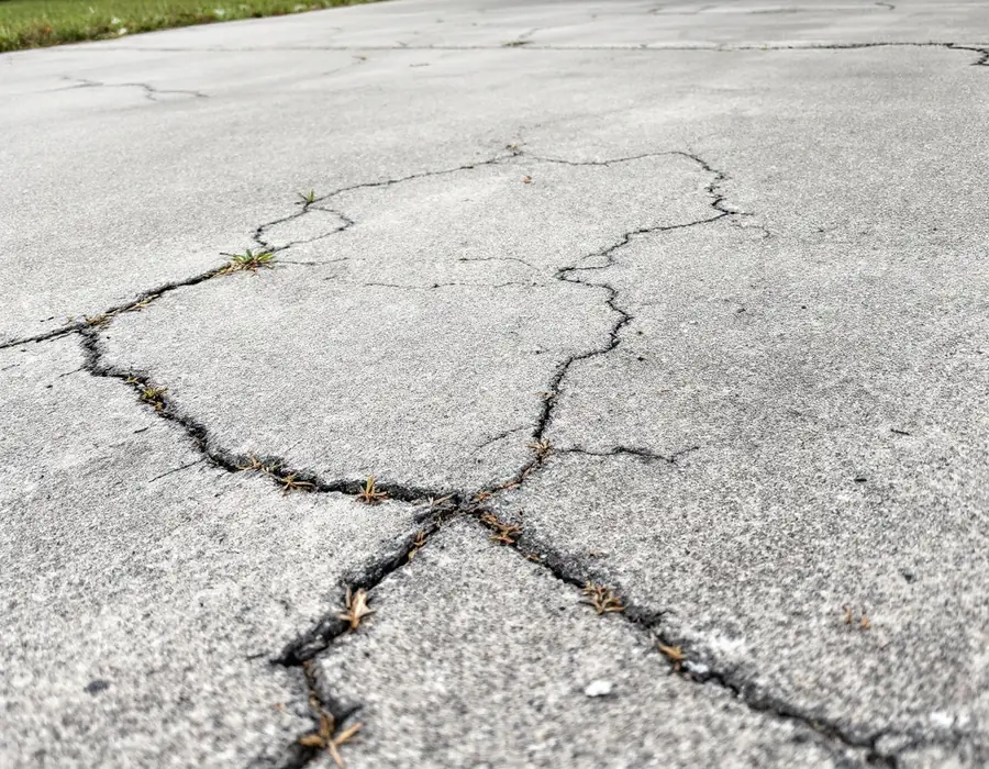 Cracked and stained concrete driveway with weeds growing in the cracks