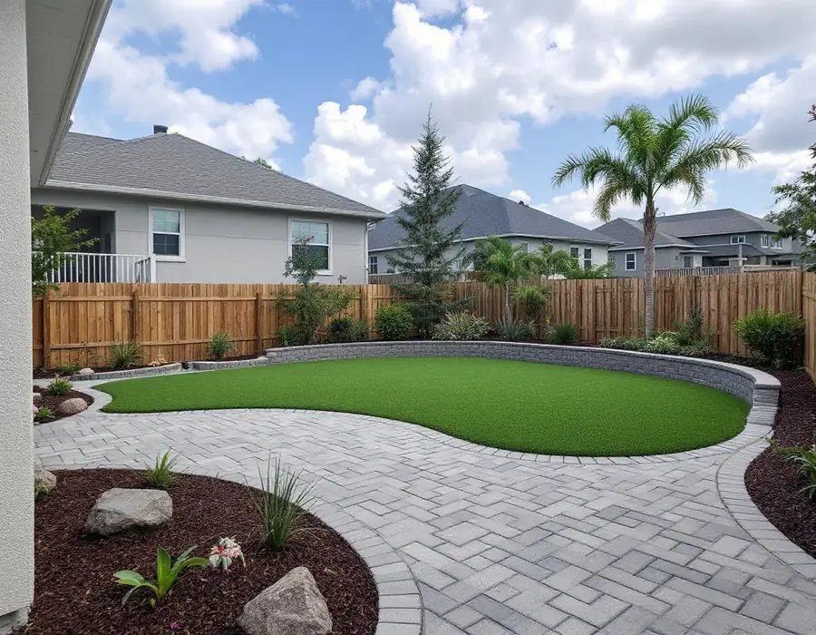 Complete backyard makeover with paver patio and synthetic turf