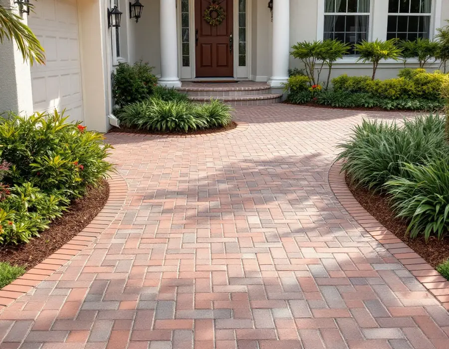Curved brick paver walkway leading to a front entrance