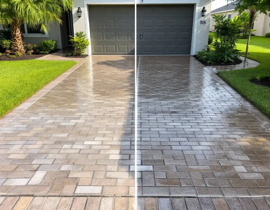Paver driveway half pressure washed, showing clean and dirty contrast