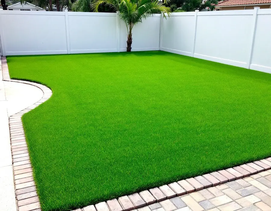 Backyard with freshly installed synthetic turf lawn
